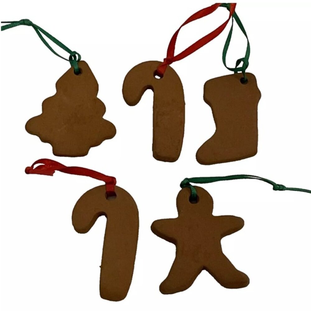 Tree, Candy Cane, Stocking, Gingerbread Man 5 Blank Ceramic Clay Brown Ornaments